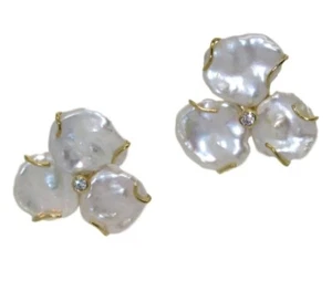 MARTI ROSENBURGH Genuine Freshwater Keshi Pearls Clip Earrings 18K Gold Plated - Picture 1 of 2