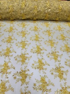 Fabric Sold By The Yard Yellow Beaded Lace Fashion Embroidery Floral Scallops  - Picture 1 of 10