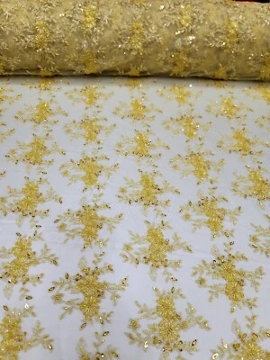 Tela Vendida Por Yarda Amarillo Cuentas Encaje Moda Bordado Floral Vieiras  Foto 1 de 4