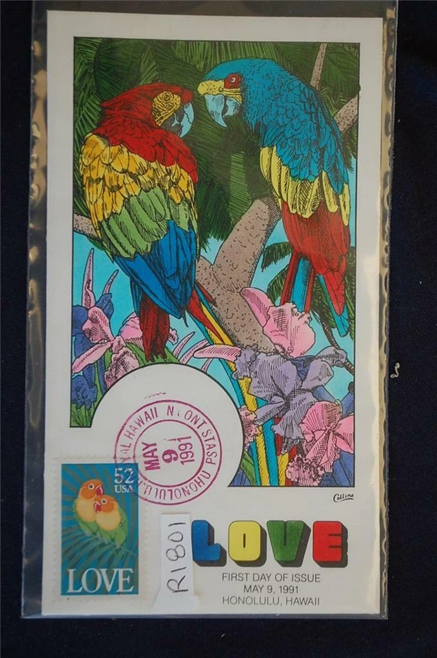 1991 Lovebirds 52c Stamp FDC Handpainted Collins#R1801 Sc#2537 Parrots Macaw - Image 1 of 1