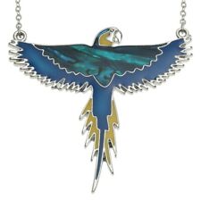 Blue Flying Macaw Parrot Silver Necklace Pendant Paua Abalone Shell - Gift Boxed