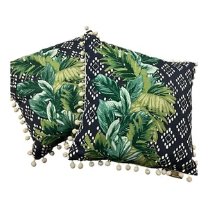 Allen Roth Outdoor Indoor Throw Pillow Tropical Leaves Blue Green White Cottage - Picture 1 of 8