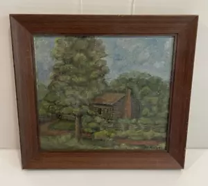 Primitive Oil Painting Log Cabin Framed A. C. Barber Woods Fence - Picture 1 of 10