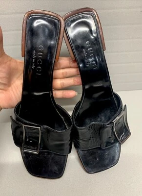 Auth. GUCCI Black Leather Medium Heels Mules Slide Sandals Buckle Logo Size 8.5B - Image 1 of 4