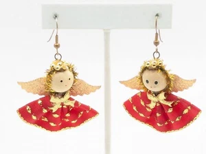 Vintage Christmas Angel Pierced Earrings with Red Gold Accents - Picture 1 of 6