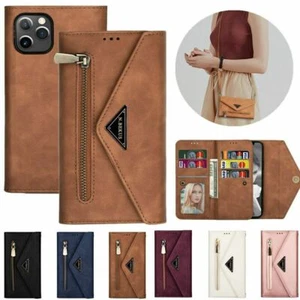 For iPhone 12 Pro Max 11 XS 8 Zipper Wallet Leather Crossbody Strap Case Cover - Picture 1 of 19