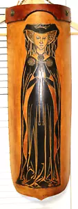1960s Vintage Medieval Maiden Tooled Curved Leather Wall Hanging Curved 27x10 in - Picture 1 of 20