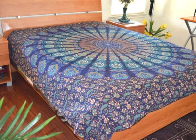 Sábana bajera plana de algodón azul turquesa con estampado floral de cachemira de la India Foto 1 de 4