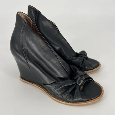 BELLE SIGERSON MORRISON Black Leather Slip On Peep Toe Booties Pump Wedge 6.5B - Image 1 of 4
