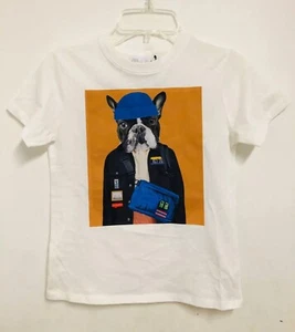 NEW ZARA  WHITE DOG PRINT T-SHIRT FRENCH BULLDOG COTTON BOY GIRL B1439A 6 YEARS - Picture 1 of 3