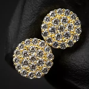 Men's Hip Hop Round Yellow Gold 925 Sterling Silver Cz Cluster Stud Earrings - Picture 1 of 5