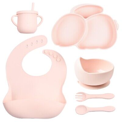 Baby Feeding Set Silicone Weaning Supplies With Plate Bowl Bib Spoon Fork Cup • 19.99£