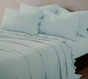 6 pc Shabby Chic Ruffled Garment Washed Blue Queen Sheet Set NIP - Picture 1 of 9