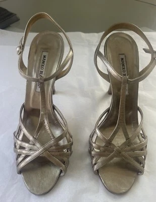Manolo Blahnik Gold Woven Strappy Leather Open Stiletto Sandals Size 39 1/2 - Image 1 of 4
