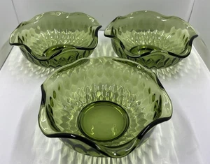 Avocado Green Indiana Glass  Bowls with Ruffle Edge Diamond Pattern 5 1/2” Set 3 - Picture 1 of 8