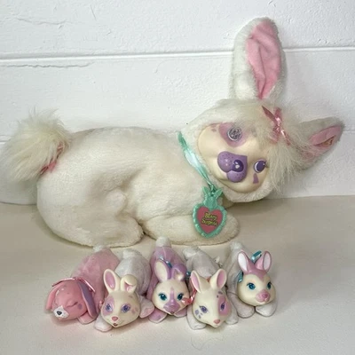 VTG 1992 Hasbro Bunny Surprise White Plush Mother Rabbit 5 Baby Rabbits Pups - Image 1 of 4