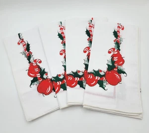 4 Vintage 1960er MCM Stoff Weihnachten Abendessen Servietten/Äpfel-Zuckerstange-Stechpalme XL 21,5" - Bild 1 von 10