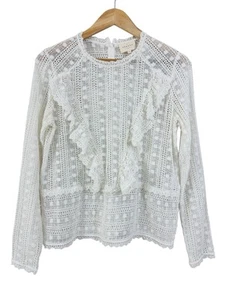 Sezane Madeleine Blouse Lace Ecru Size 36 Ruffle Long Sleeve Button Back Ivory - Picture 1 of 13