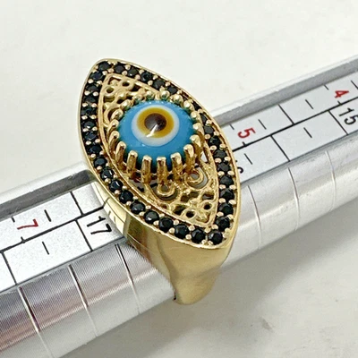 Anillo Mal de Ojo Oro y Negro Piedras Preciosas Azul Amarillo Marrón Blanco Ojo Filigrana Talla 6 Foto 1 de 4
