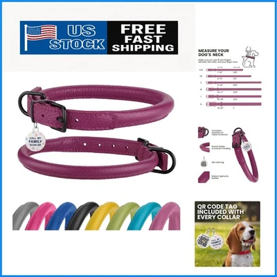 Collar de perro de cuero enrollado con etiqueta de identificación - baya rosa para perros de 11-14 pulgadas Foto 1 de 4