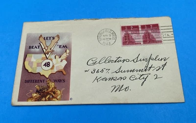 1943 Minkus WWII Patriotic LET'S BEAT 'EM 48 Ways, pair 2c #907, Springfield, MA - Image 1 of 4