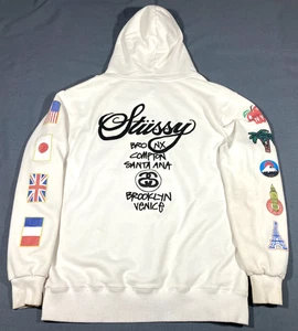 Stussy World Tour Flags White Hoodie Pullover Sweatshirt Youth Large Poor Cond. - Picture 1 of 14
