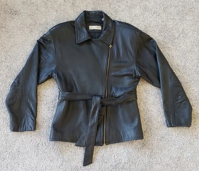 Vintage Valerie Stevens Leather Jacket Womens 6 Black Lamb Coat Belt Moto 1990s - Image 1 of 4