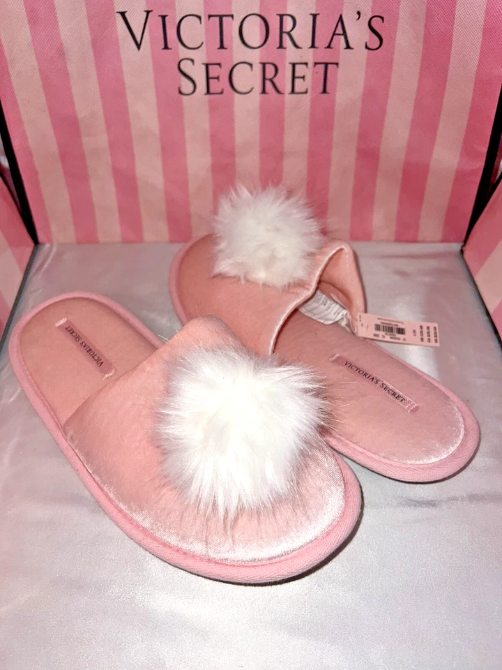 Victorias Secret Slippers Velvet Fur Pom Pom Pink & White Medium - Image 1 of 1