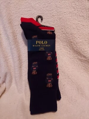 Polo Ralph Lauren Oso Calcetines Hombre Zapato Talla 6-12 1/2 Denim Azul/Rojo Paquete de 2 NUEVO Foto 1 de 4