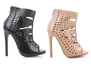 Tacones altos de cuero sintético con cremallera alta al tobillo y punta abierta color negro/nude para mujer de 5" - Imagen 1 de 17