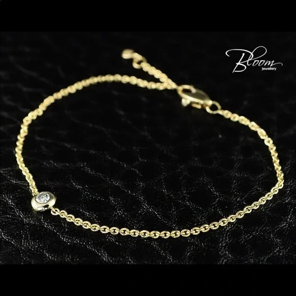 18k Solid Gold Dainty Solitaire Single Real Natural Diamond Bracelet - $1239 - Image 1 of 4