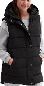 Scappotto con cappuccio gilet nero senza maniche con cerniera trapuntato tasche - Foto 1 di 9