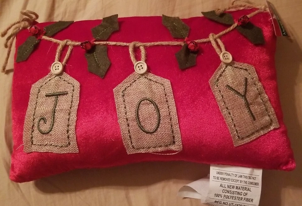 DECORATIVE THROW PILLOW CHRISTMAS JOY RED/GREEN 14" X 9" -  Burlap lettering  - Image 1 of 1