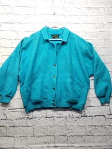 VINTAGE Geiger Austria Sweater Womens 44 Blue Cardigan Boiled Wool Knit 90s Y2K - Picture 1 of 15