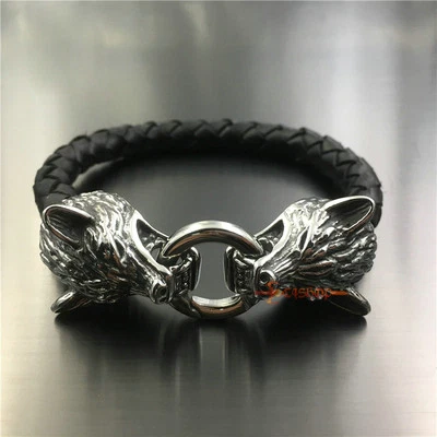 Men's Genuine Leather Stainless Steel Wolf Head Clasp Bracelet Gothic Biker Cuff - Imagem 1 de 4