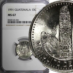 Guatemala Cobre-Níquel 1991 10 Centavos NGC MS67 GEMA BU KM# 277.5 (041) - Imagen 1 de 5