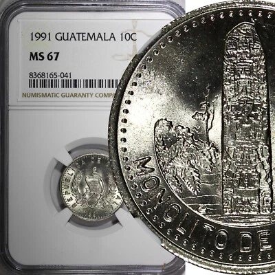 Guatemala Copper-Nickel 1991 10 Centavos NGC MS67 GEM BU KM# 277.5 (041) - Image 1 of 4