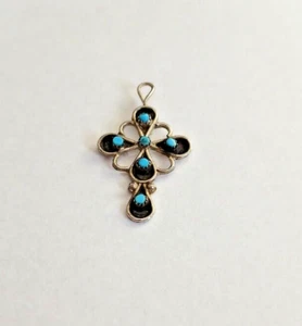 Vintage Sterlingsilber mit Türkis Open Cut Arbeit Kreuz Anhänger ~ 1,45" x 0,82" - Bild 1 von 12