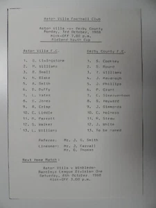 ASTON VILLA v DERBY CO. | MIDLAND YOUTH CUP | 1988/1989 | 3 OCT 1988 | FREEPOST - Picture 1 of 2