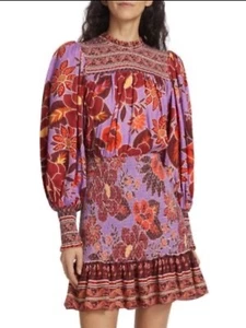 Nuovo minidress Farm Rio smocked dolce floreale lilla manica lunga boho zingaro taglia L - Foto 1 di 12