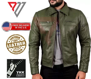 Men Real Lambskin Soft Green Leather Classic Slim Fit Motorcycle Biker Jackets - Picture 1 of 3
