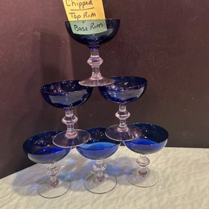 Set of 6 Vintage Cobalt Blue Champagne Sherbet Glass w/ Clear Wafer Stem 4.25" - Picture 1 of 19