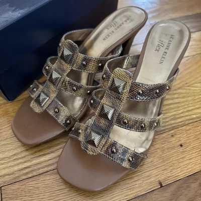 Ak Anne Klein iflex Brown Gold Studded Sandals 8.5 Akharlo Women Heels Snakeskin - Image 1 of 4