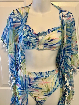 NUEVO Conjunto de 3 piezas de bikini Venus azul blanco bandeau parte inferior encubrimiento pompón talla 8 Foto 1 de 4