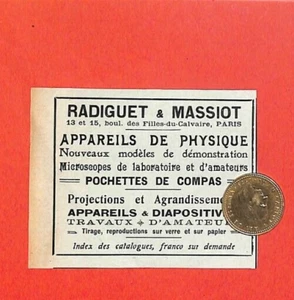 PARIS / RADIGUET & MASSIOT / APPAREILS DE PHYSIQUE / TOUTE PETITE PUBLICITÉ 1910 - Picture 1 of 1