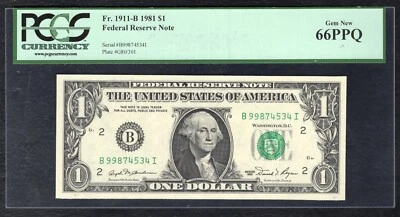 FR 1911-B 1981 $1 FRN FEDERAL RESERVE NOTE NEW YORK, NY PCGS GEM UNC-66PPQ. - Image 1 of 2