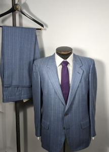 Bijan Size 42R Light Blue Striped Twill Notch Lapel 2-Piece Suit Vintage