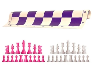 Pink & White Chess Pieces 20" Purple Vinyl Board - Triple Weight Chess Set - Picture 1 of 4