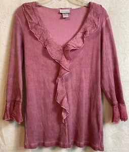 Soft Surroundings Women’s Knit Top V-Neck Ruffle Size Large 3/4 Sleeves Mauve - Picture 1 of 8
