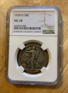 1939 D Walking Liberty Silver Half Dollar, NGC Graded: Very Good 10 - Picture 1 of 2